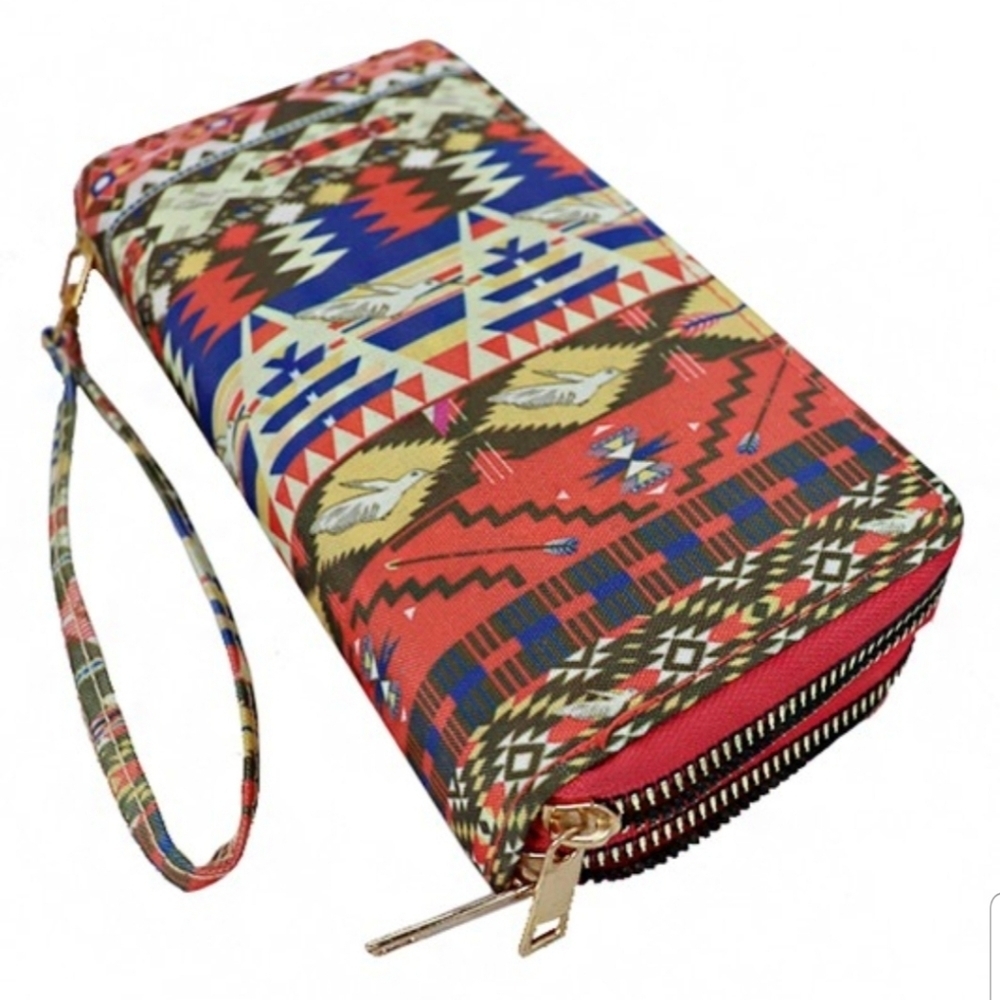 Tribal Aztec Double Zip Up Wallet NWT